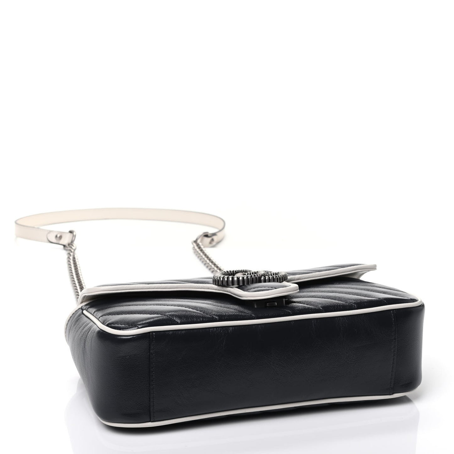Vintage Effect Calfskin Matelasse Diagonal Small Torchon GG Marmont Shoulder Bag Blue Agata Mystic White
