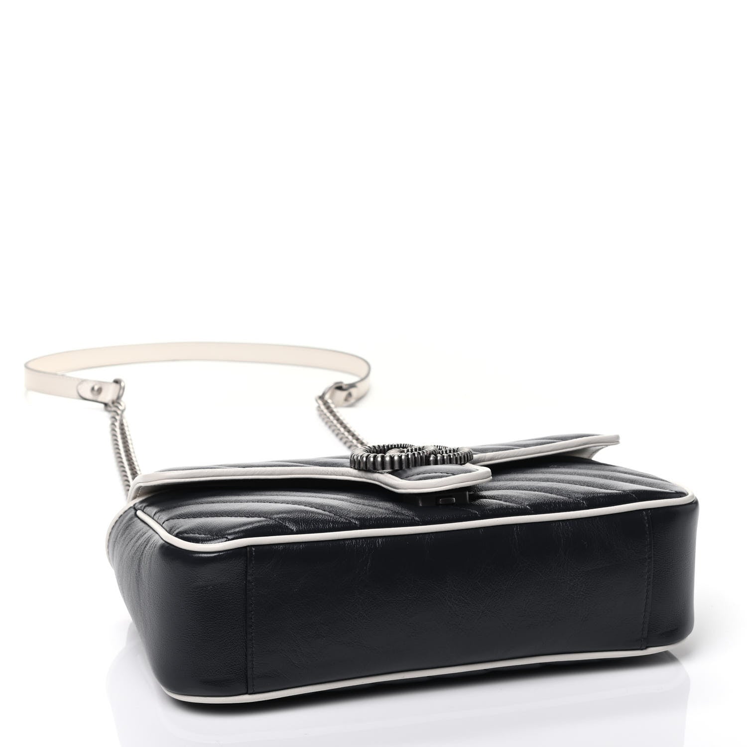 Gucci Vintage Effect Calfskin Matelasse Diagonal Small Torchon GG Marmont Shoulder Bag Blue Agata Mystic White 3 of 4