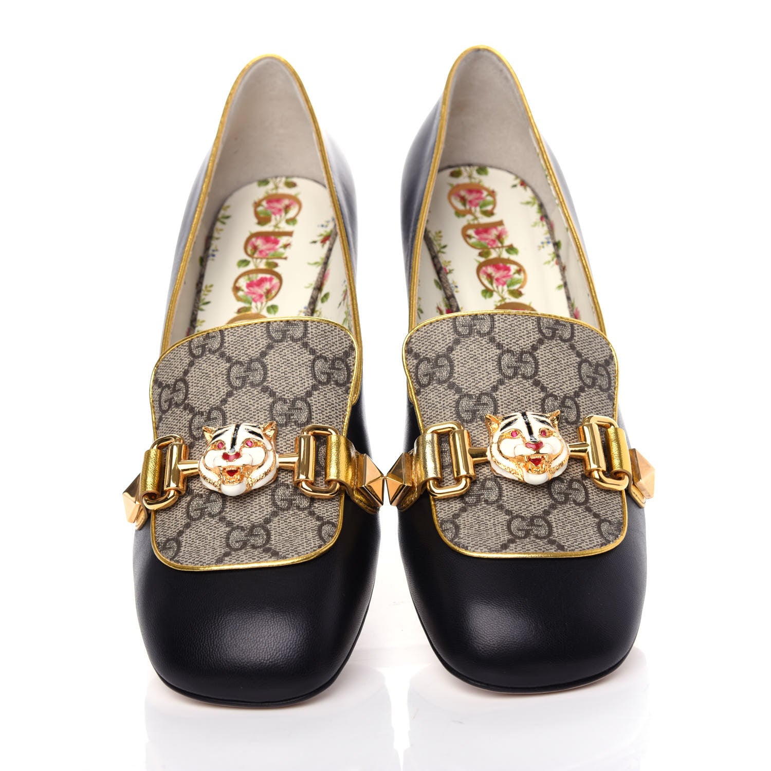 Gucci Malaga Kid Nappa GG Supreme Monogram Tiger Head Mid Heel Loafer Pumps 40.5 Black Oro Vecchio Beige 5 of 12