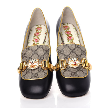 Gucci Malaga Kid Nappa GG Supreme Monogram Tiger Head Mid Heel Loafer Pumps 40.5 Black Oro Vecchio Beige 5 of 12