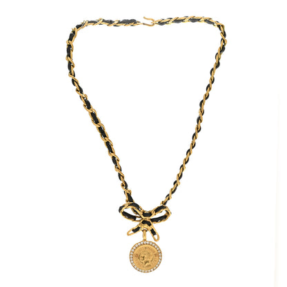 Chanel Metal Lambskin Chain Bow Medallion Necklace Black Gold 3 of 7