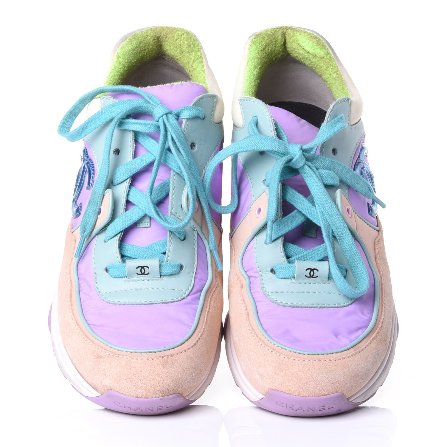 Chanel Nylon Lambskin Suede Calfskin CC Sneakers 39 Green Purple Pink 5 of 10