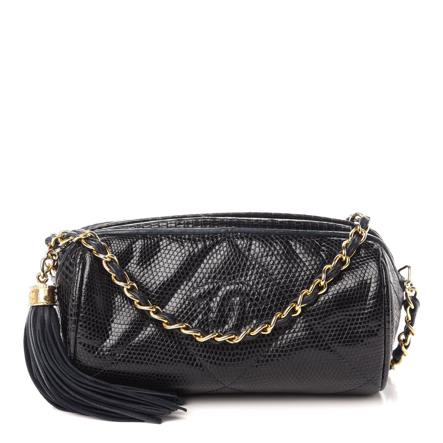 Lizard Quilted Small Tassel Shoulder Bag Navy