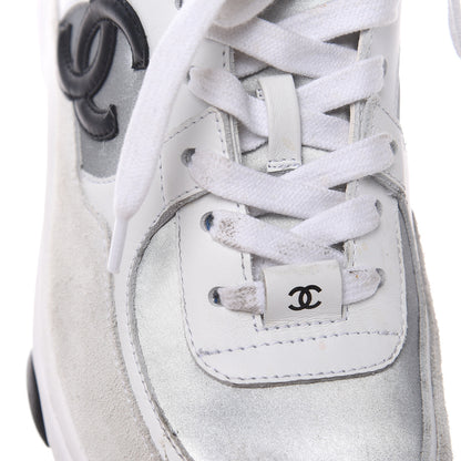 Chanel Suede Calfskin Womens CC Sneakers 37 White Silver Blue 8 of 12