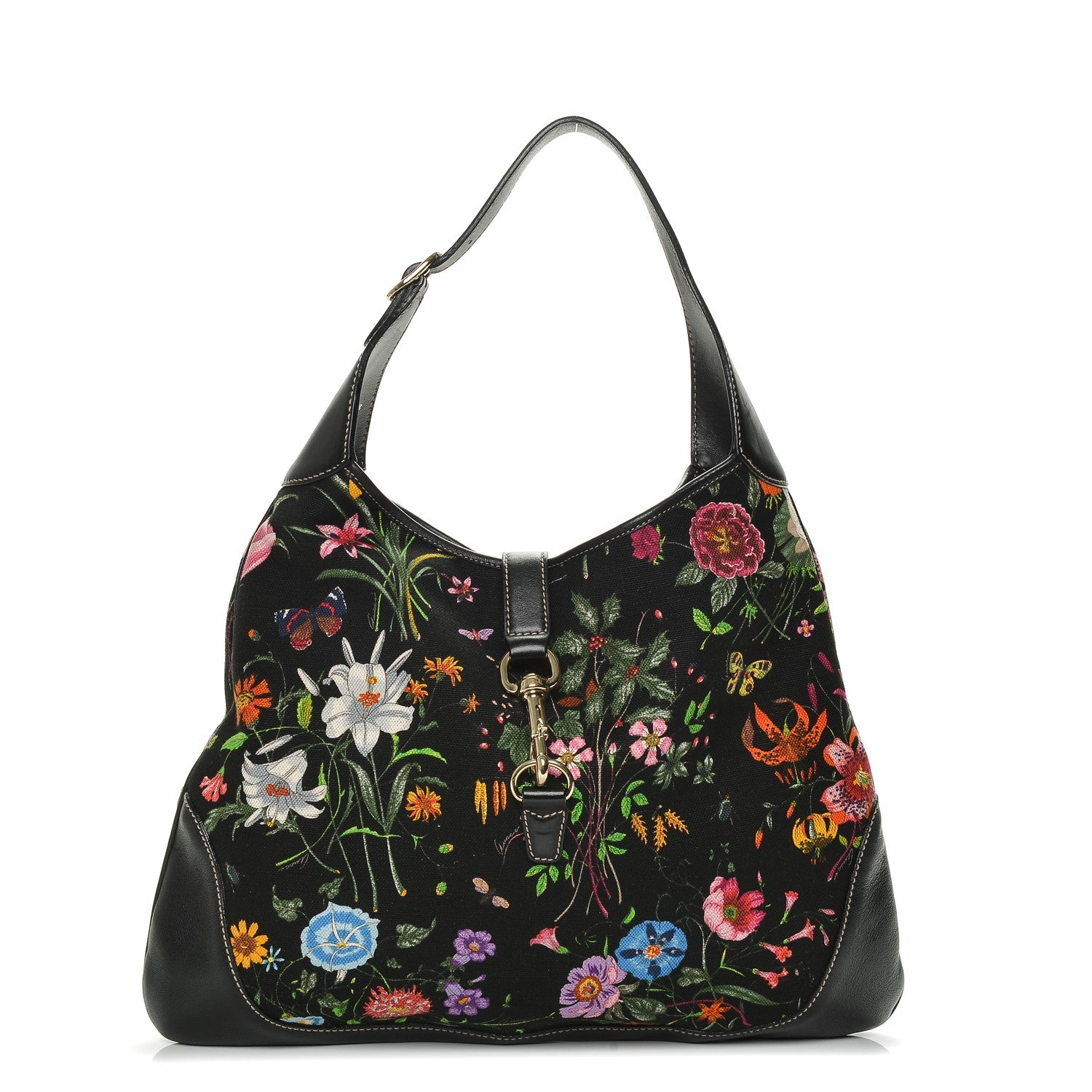 Gucci Canvas Floral Flora Large Jackie O Bouvier Hobo Black 1 of 6