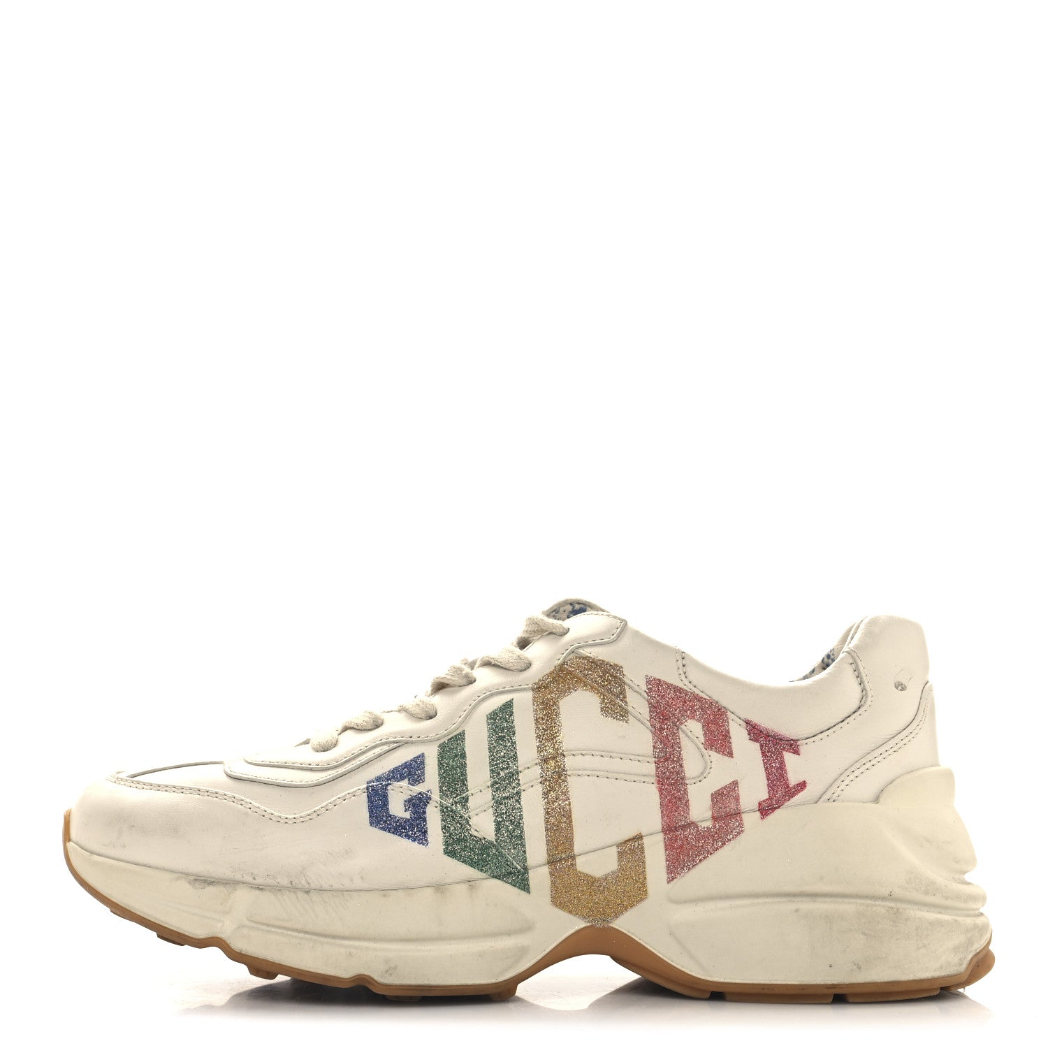 Gucci Calfskin Glitter Game Logo Womens Rhyton Sneakers 38.5 Mystic White 1 of 10