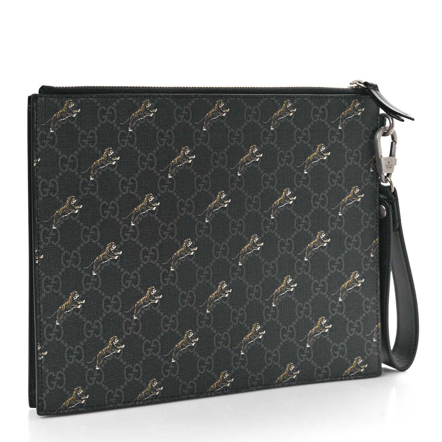 GG Supreme Monogram Tigers Zip Wristlet Pouch Black