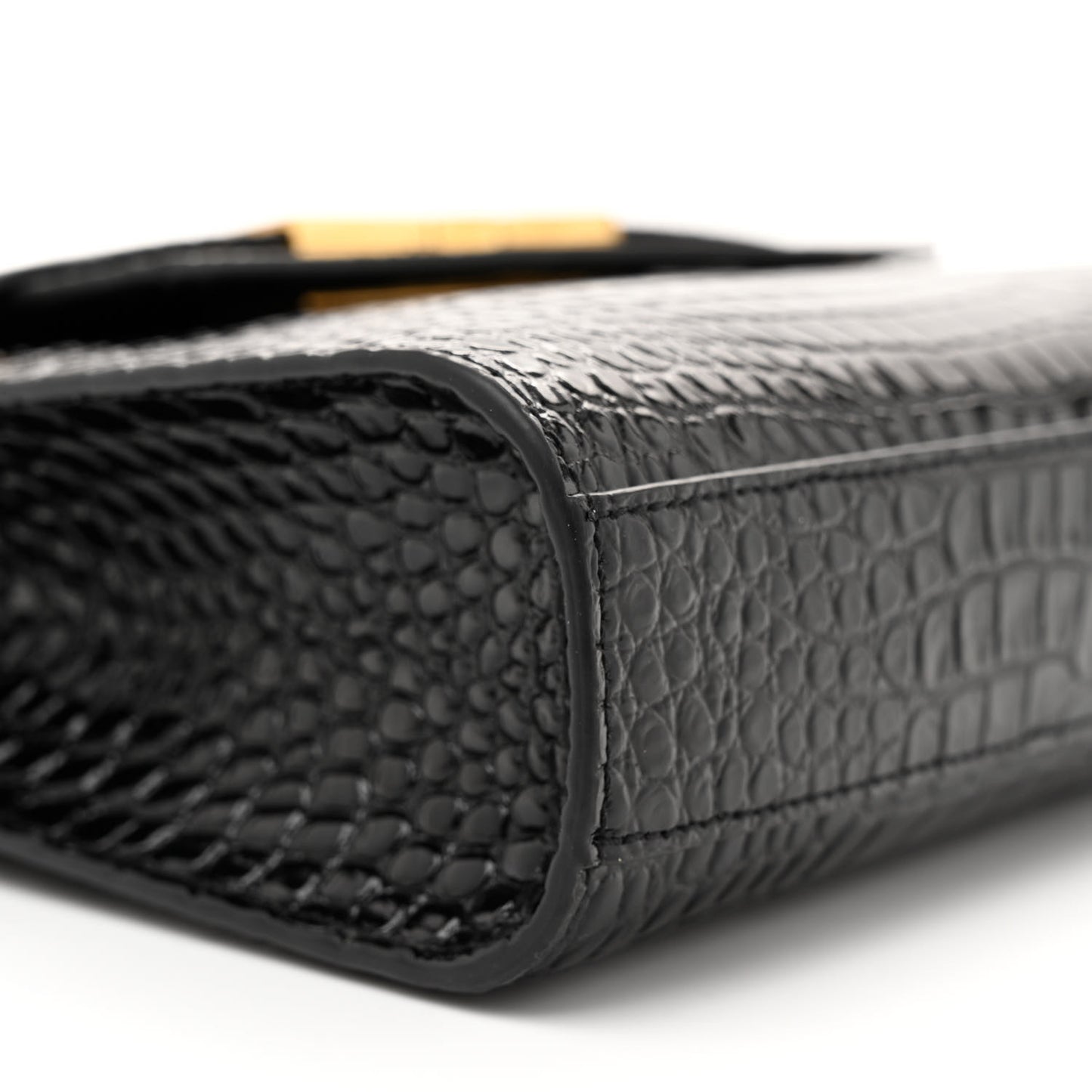 Shiny Calfskin Crocodile Embossed Small Manhattan Baguette Black