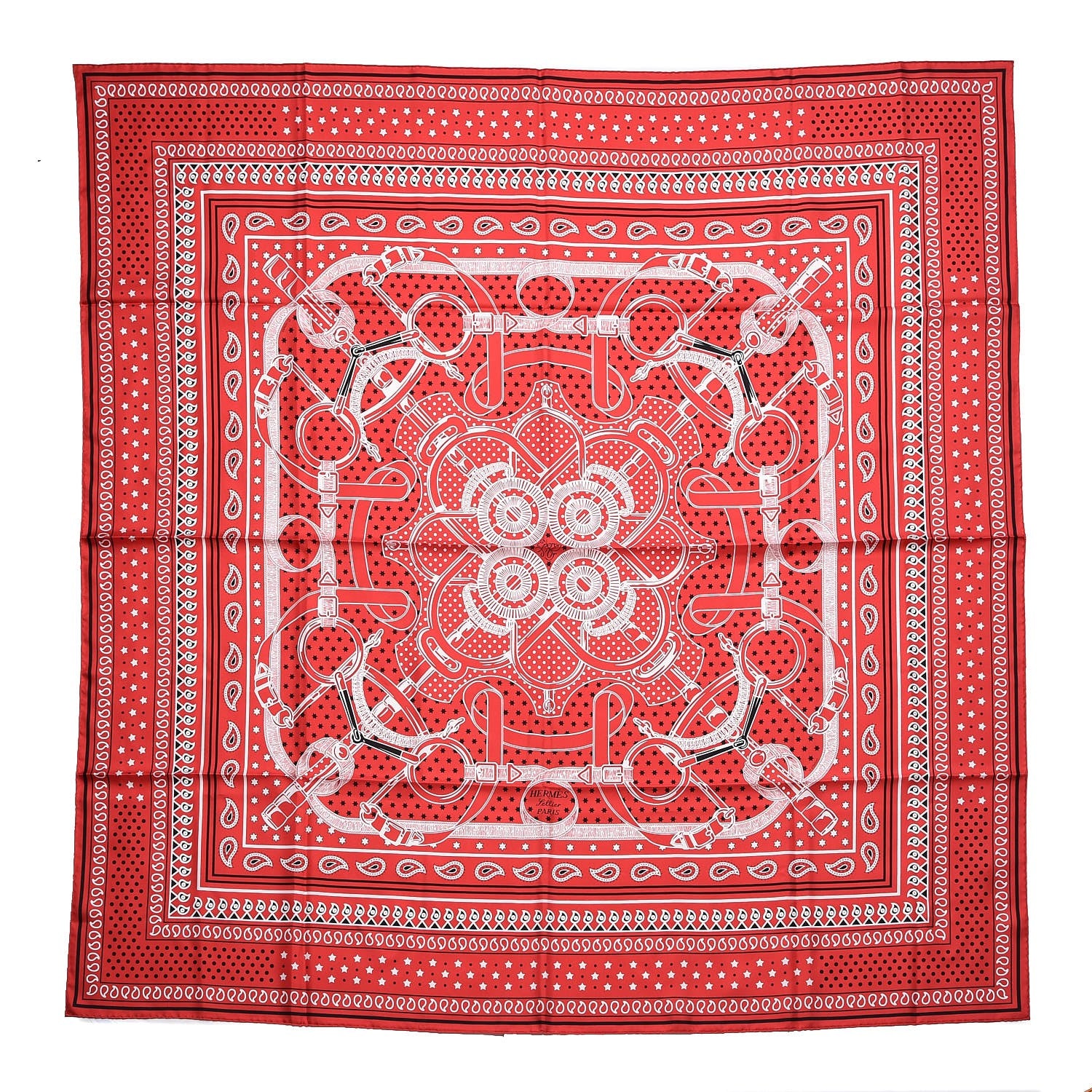 Hermes Silk Eperon D'Or Bandana Scarf 140 Rouge Noir Blanc 1 of 7