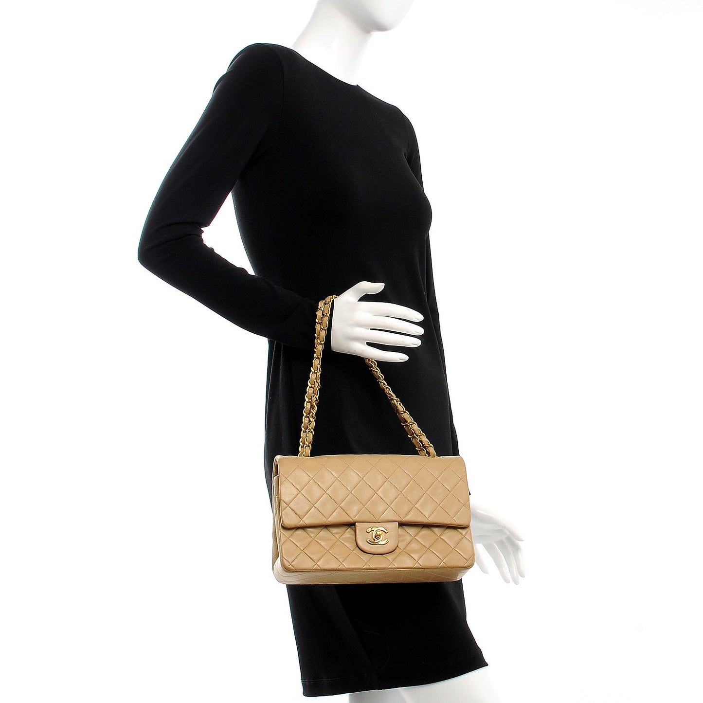 Lambskin Quilted Medium Double Flap Beige
