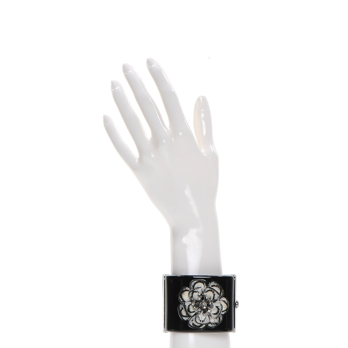 Resin Crystal Feather CC Camellia Wide Cuff Black