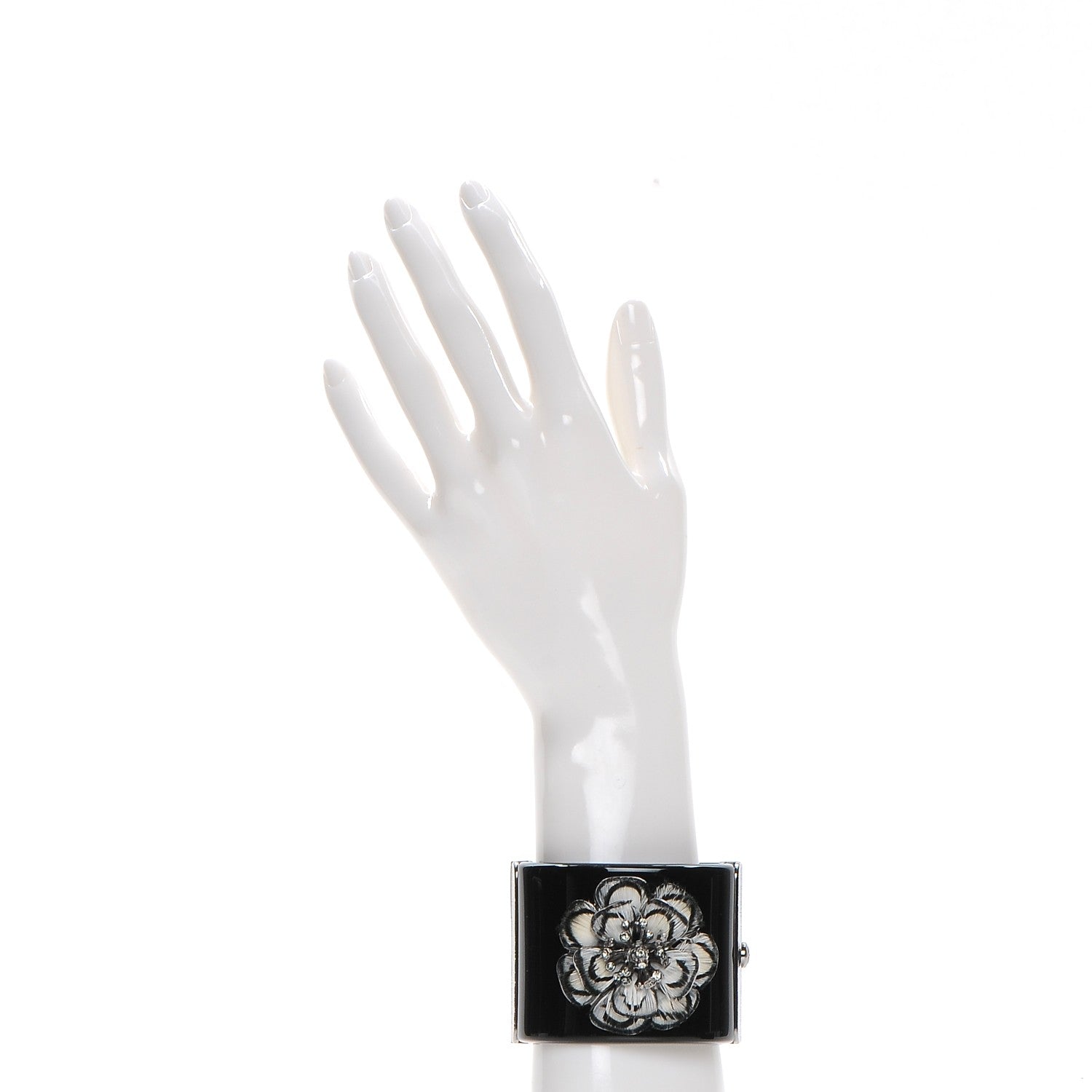 Chanel Resin Crystal Feather CC Camellia Wide Cuff Black 2 of 8