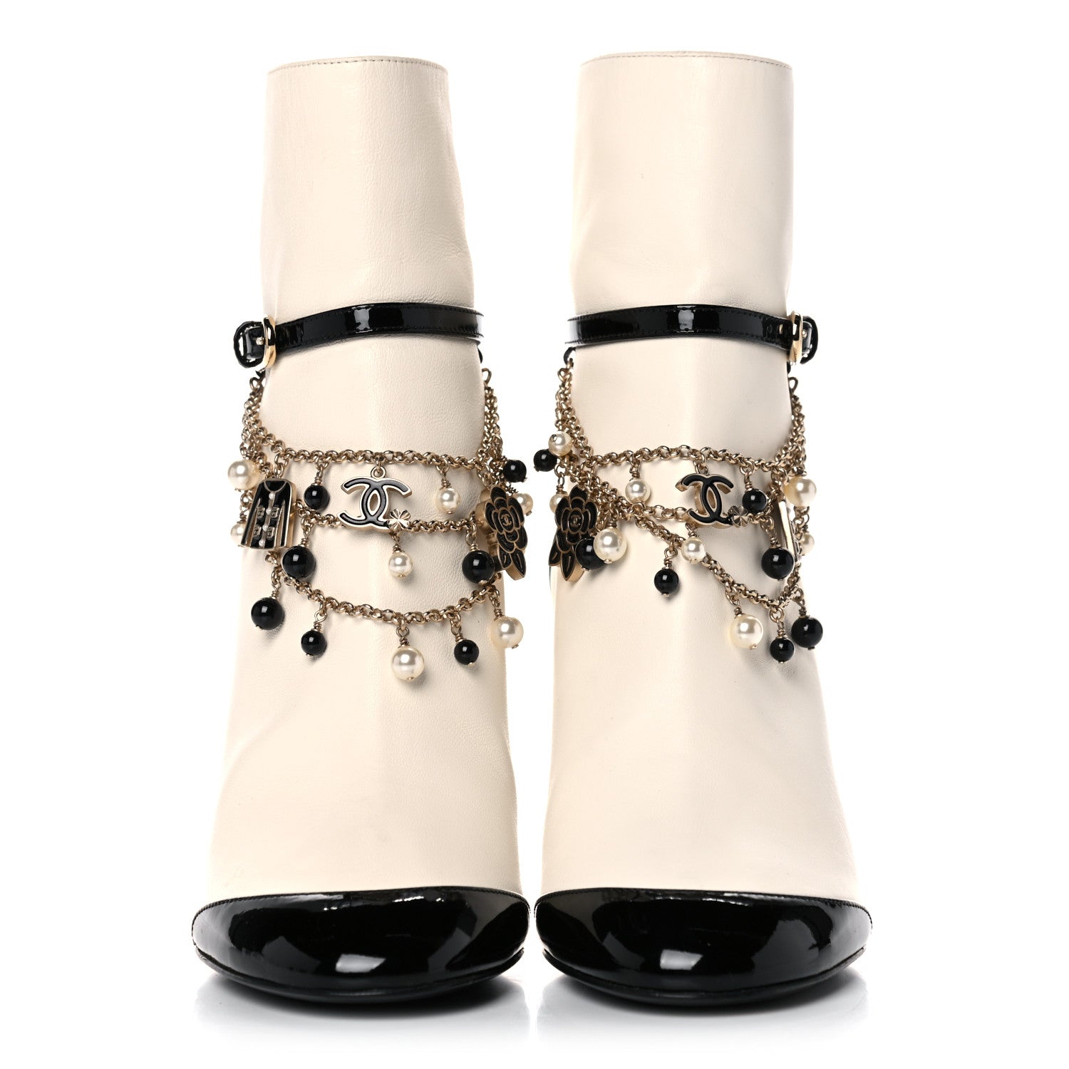 Chanel Lambskin Patent Calfskin Charms Ankle Boots 35.5 Ivory Black 2 of 14