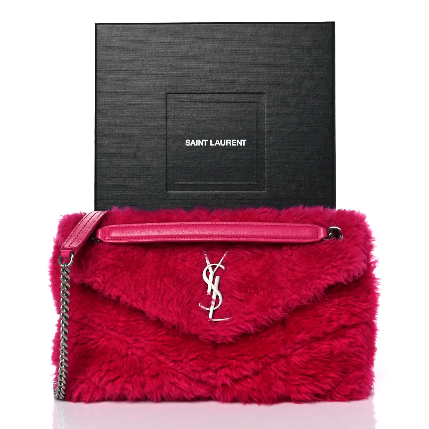 Saint Laurent Merino Shearling Lambskin Quilted Small Loulou Puffer Monogram Chain Satchel Fuchsia 10 of 10