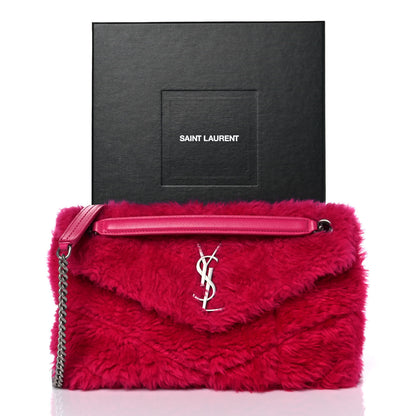 Saint Laurent Merino Shearling Lambskin Quilted Small Loulou Puffer Monogram Chain Satchel Fuchsia 10 of 10
