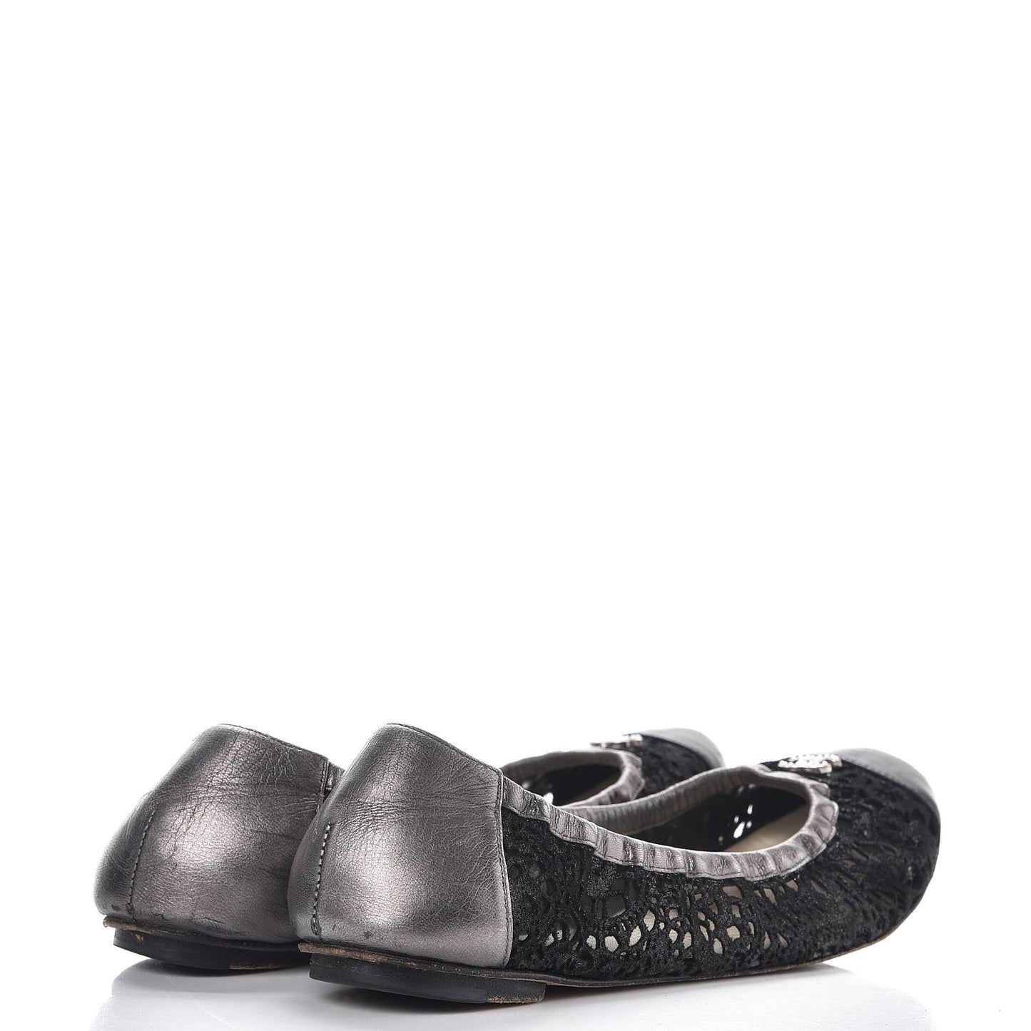 Metallic Calfskin Lace Pearl CC Cap Toe Elastic Ballerina Flats 37.5 Black