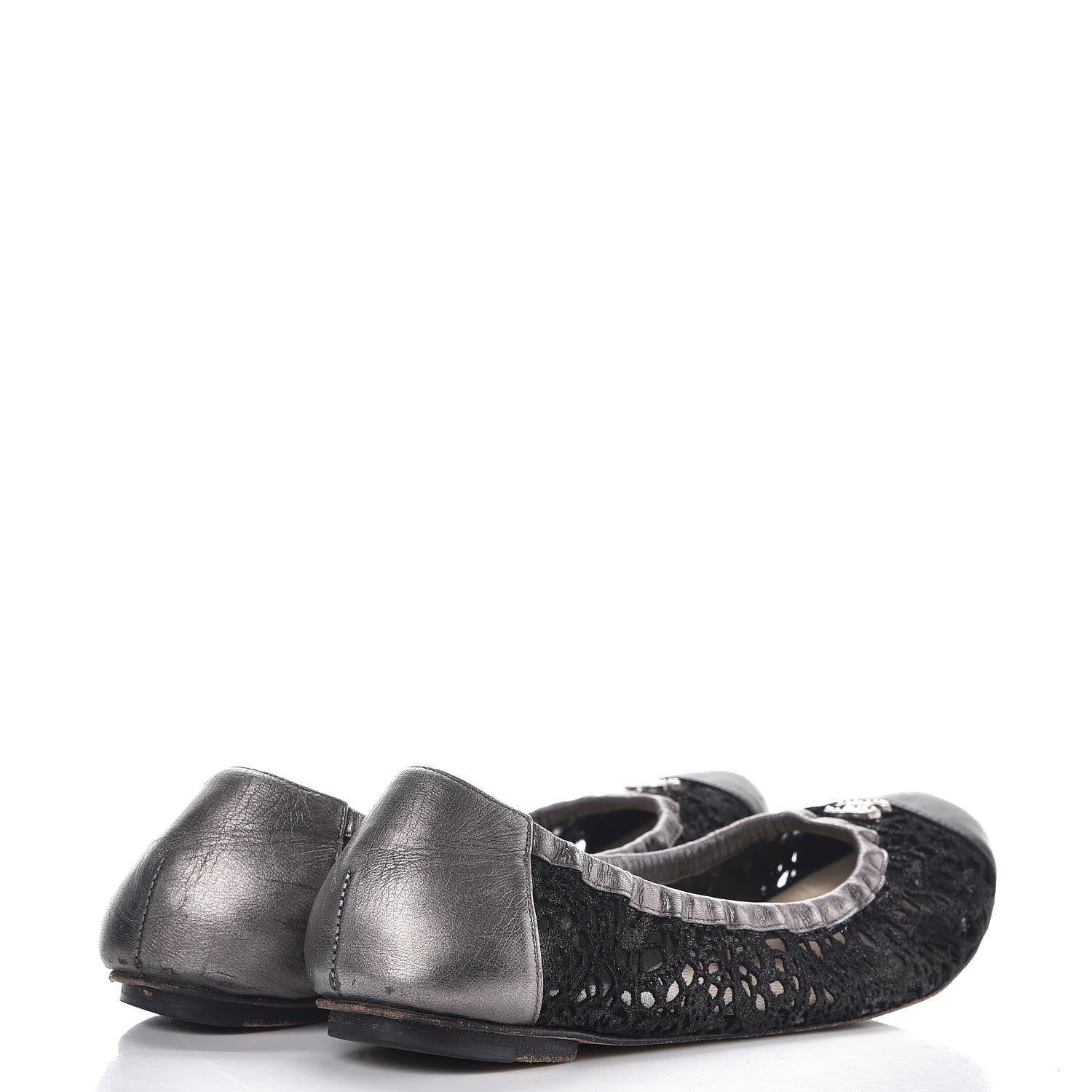 Chanel Metallic Calfskin Lace Pearl CC Cap Toe Elastic Ballerina Flats 37.5 Black 3 of 15