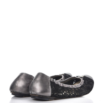 Chanel Metallic Calfskin Lace Pearl CC Cap Toe Elastic Ballerina Flats 37.5 Black 3 of 15