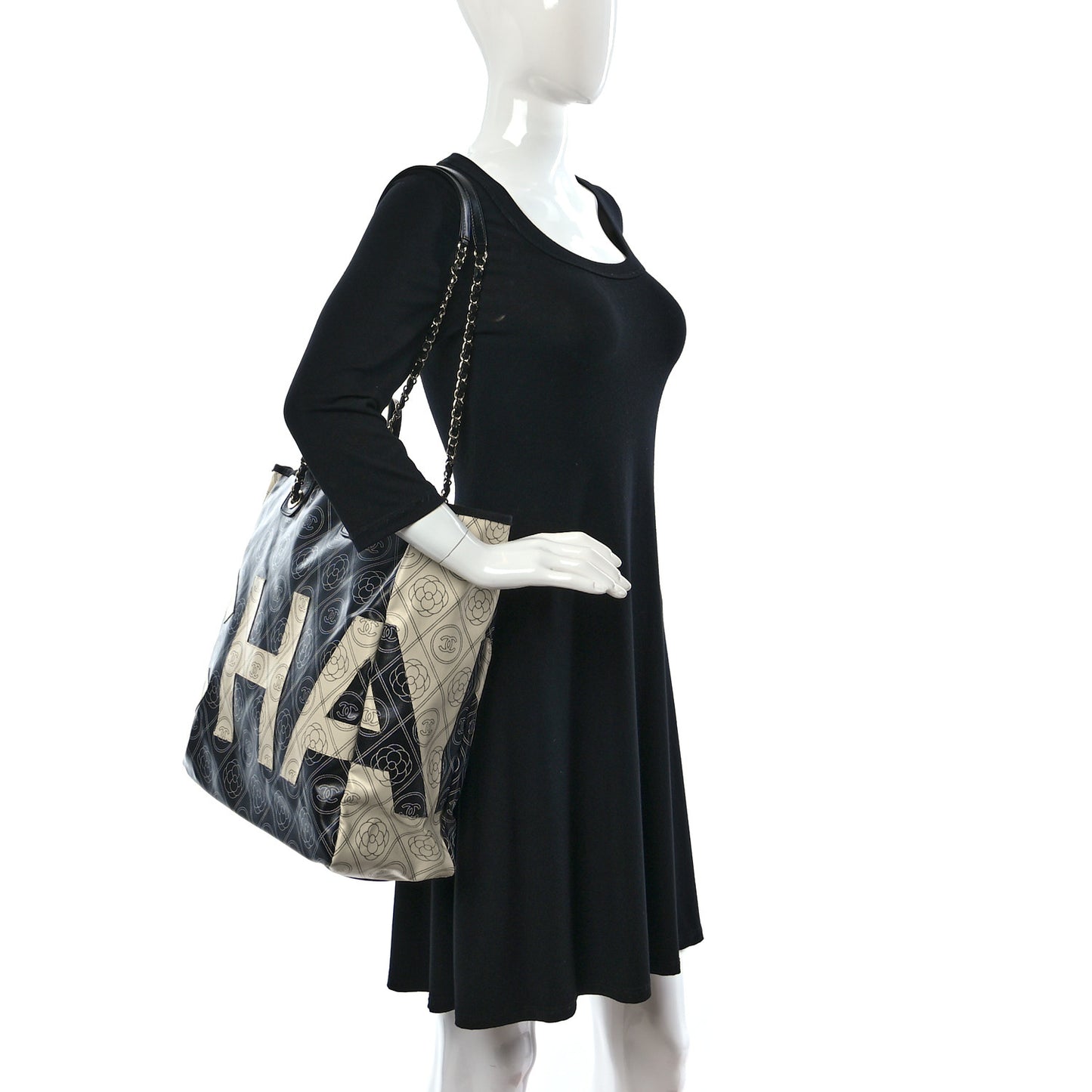 Coated Canvas Camellia Large Shopping Tote Black Beige