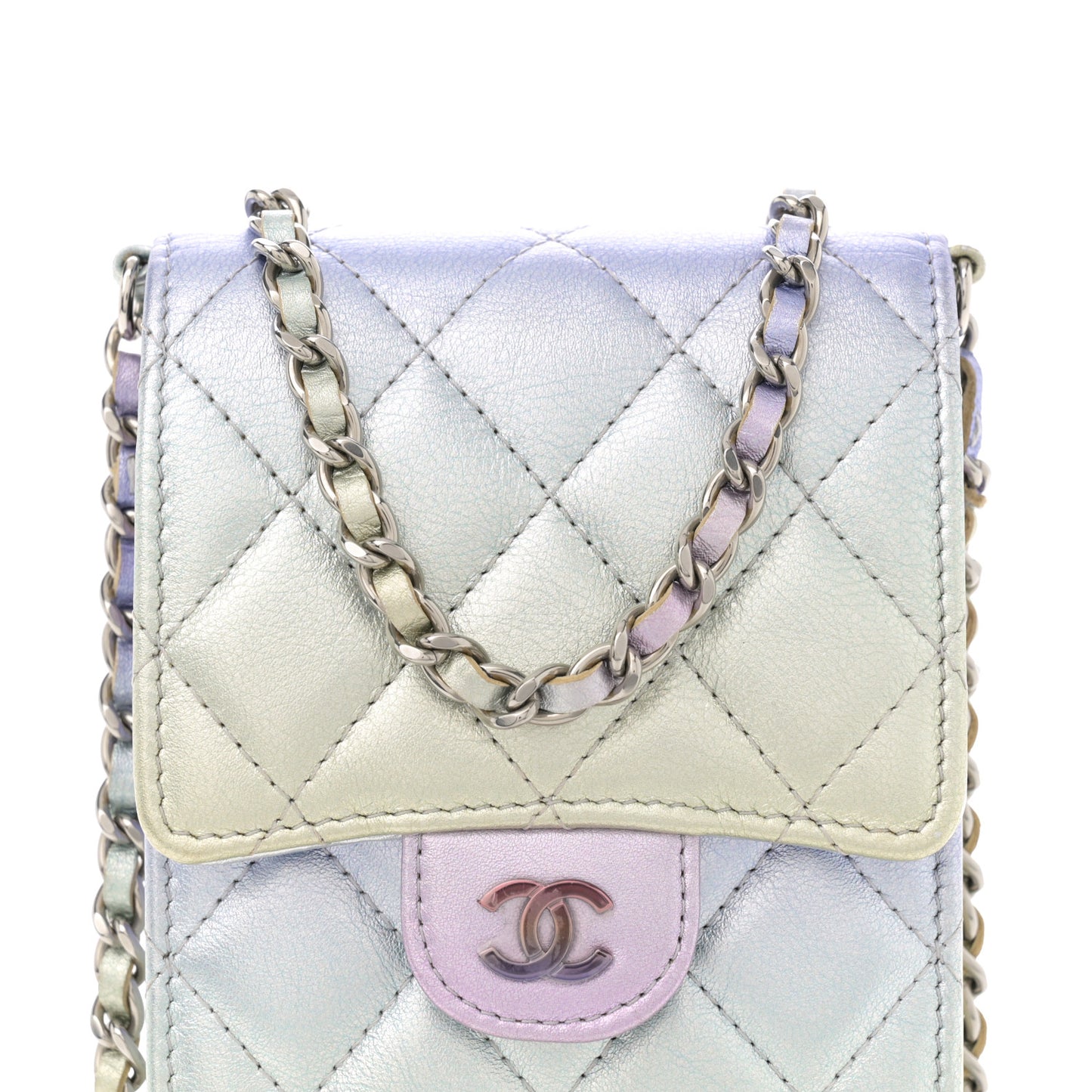 Gradient Metallic Calfskin Quilted CC Phone Holder Silver Blue Yellow Purple