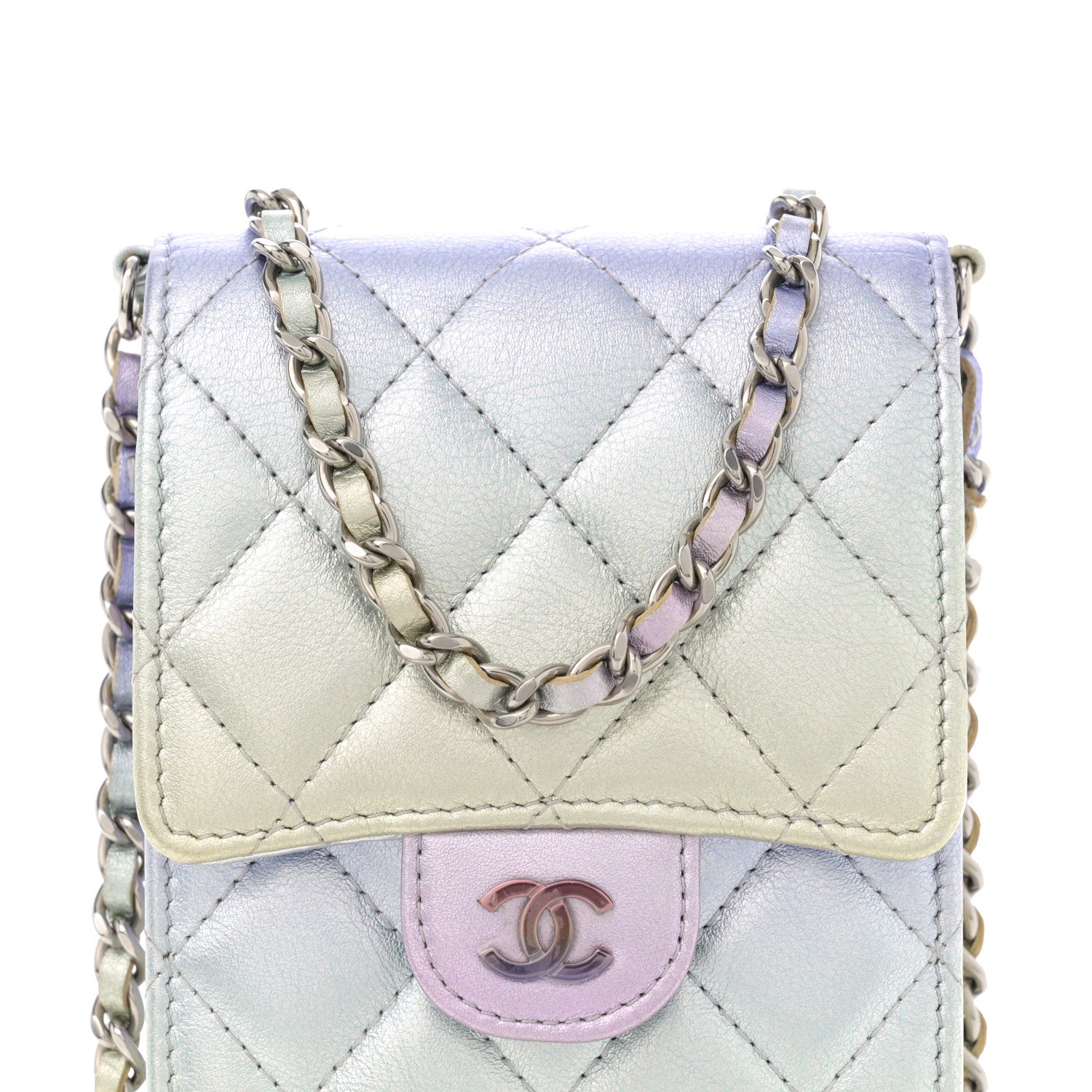 Chanel Gradient Metallic Calfskin Quilted CC Phone Holder Silver Blue Yellow Purple 8 of 10
