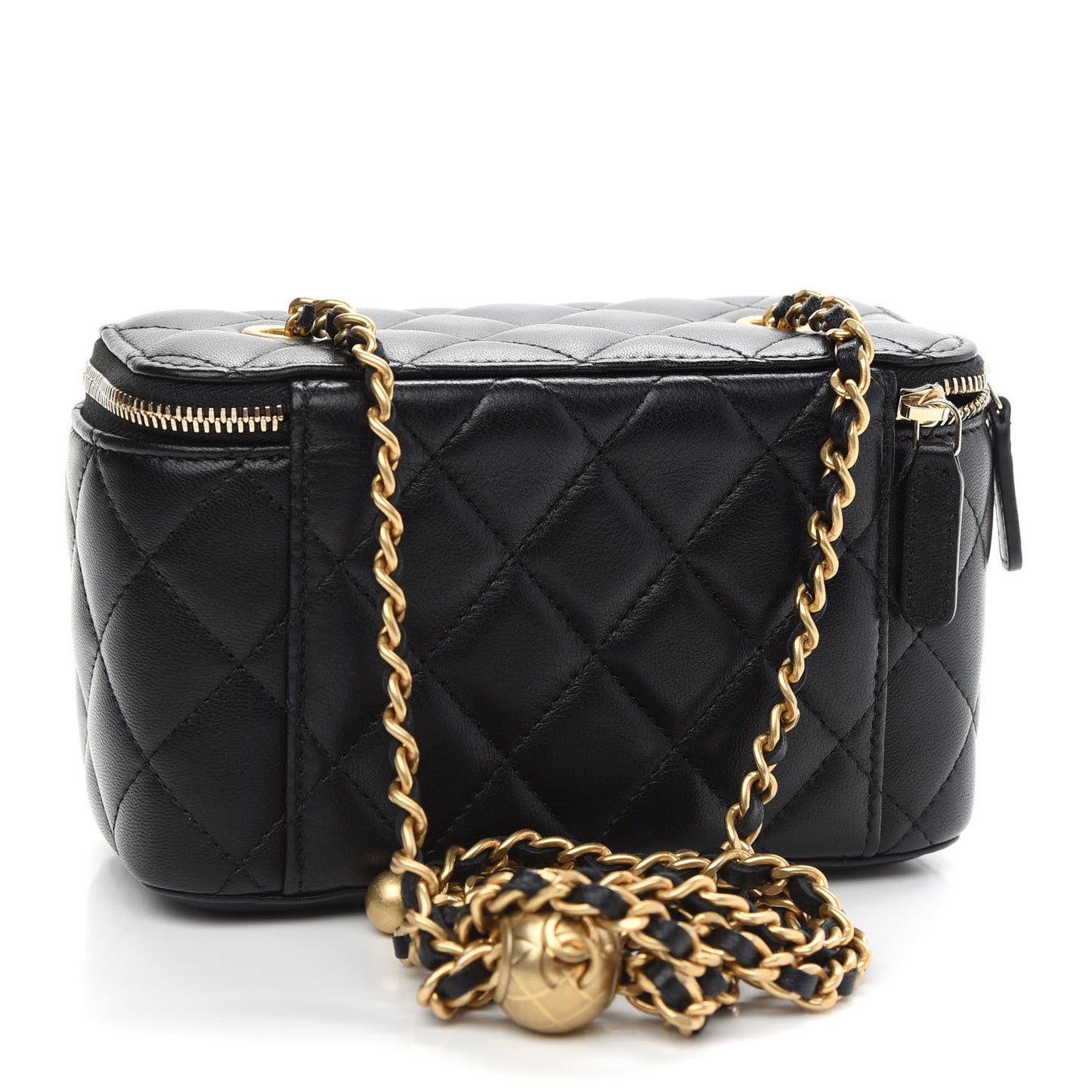 Lambskin Quilted Pearl Crush Small Vanity Case With Chain Black