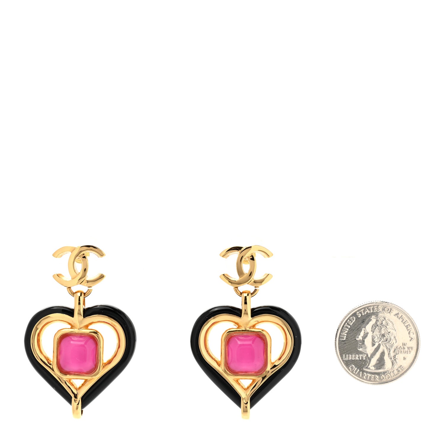 Chanel Resin Heart CC Drop Earrings Black Pink Gold 2 of 4
