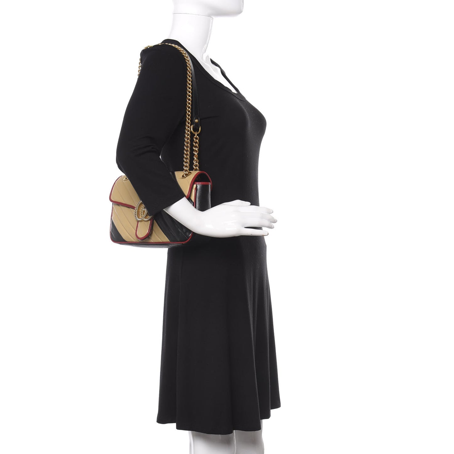 Vintage Effect Calfskin Matelasse Diagonal Striped Small Torchon GG Marmont Shoulder Bag Black Beige