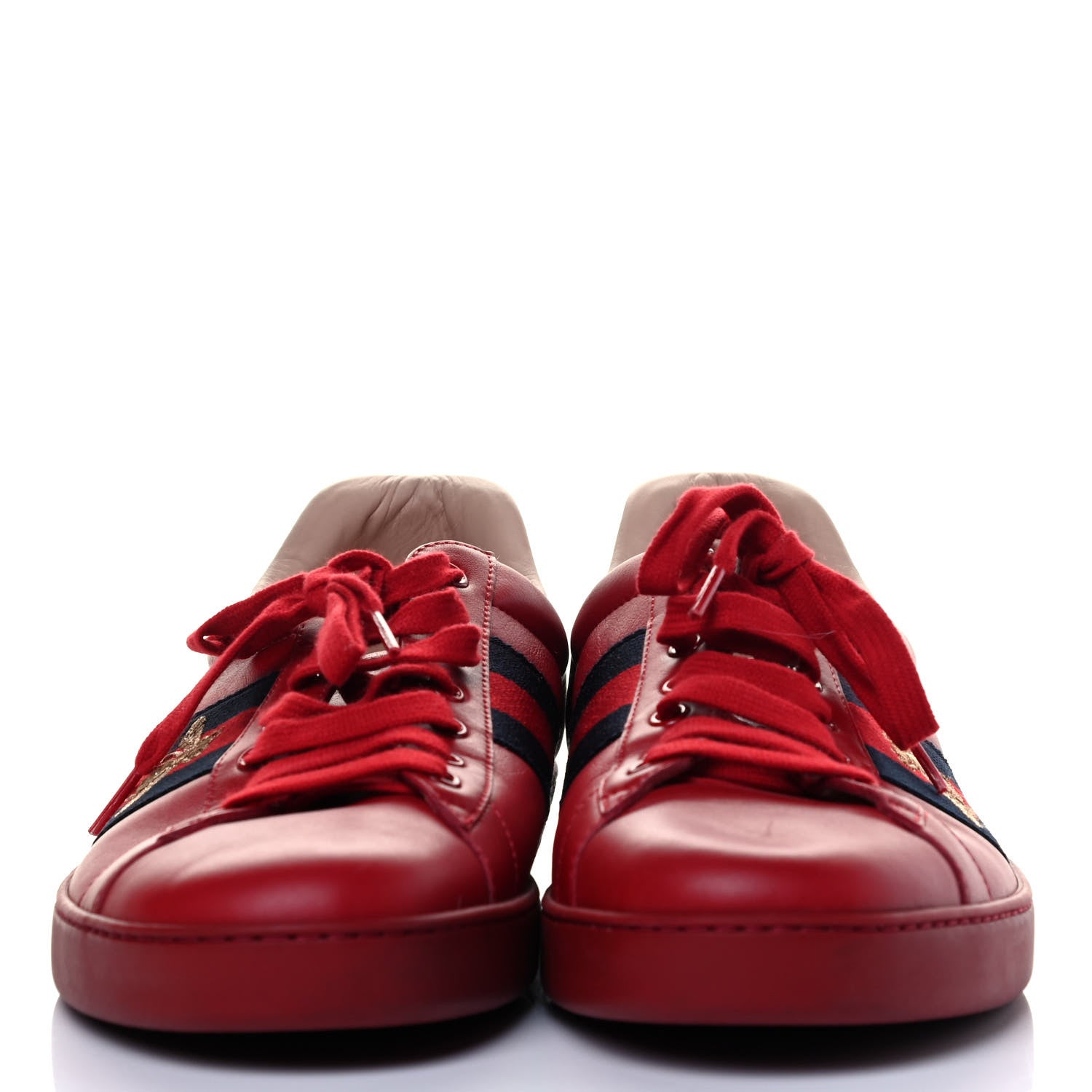 Gucci Miro Soft Calfskin Laminated Ayers Web Bee Embroidered Mens Ace Sneakers 10.5 Hibiscus Red Red Flame Notte 2 of 7