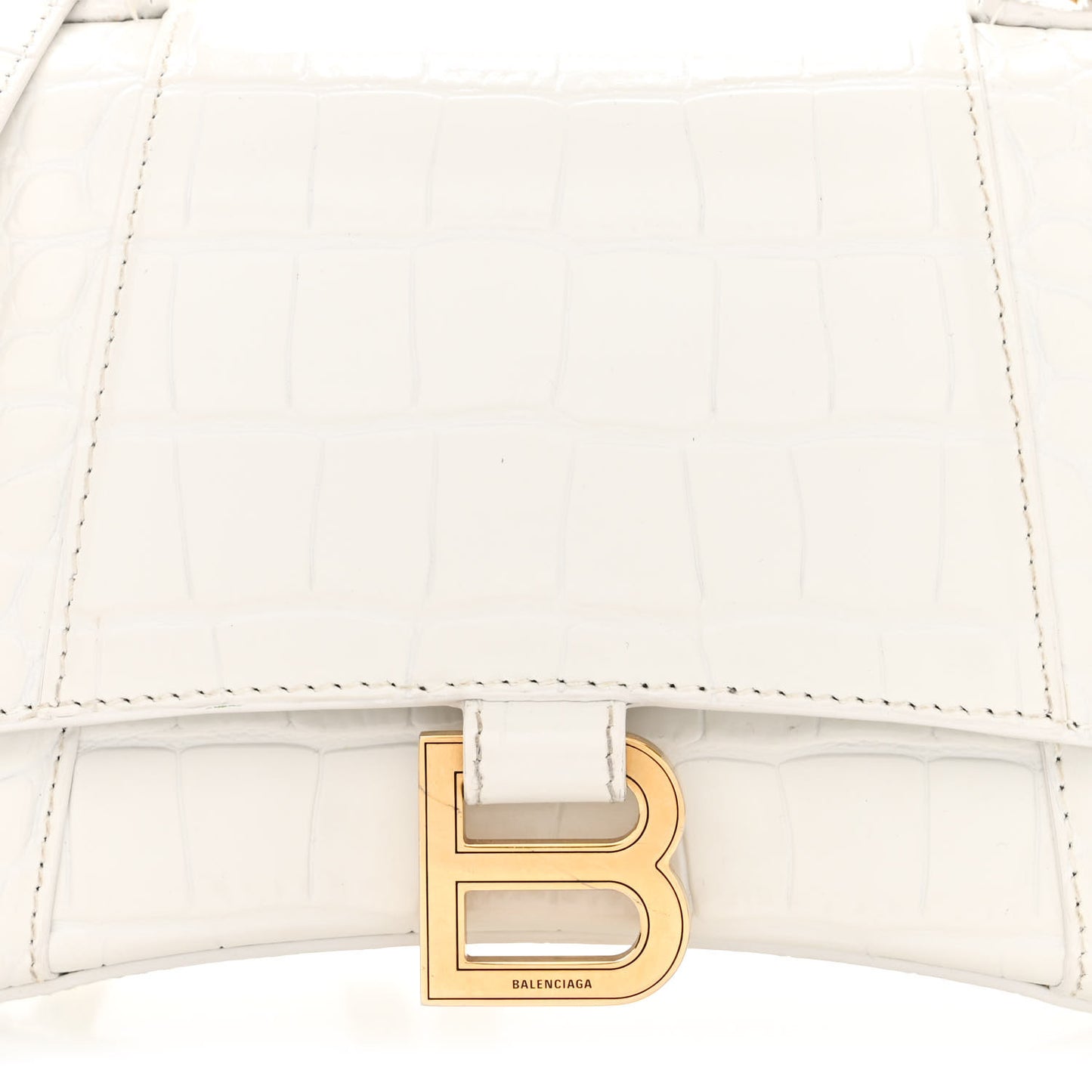 Shiny Calfskin Crocodile Embossed Small Hourglass Top Handle Bag White