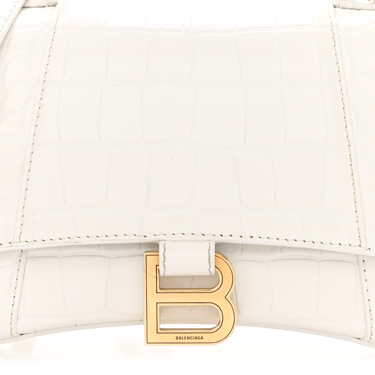 Balenciaga Shiny Calfskin Crocodile Embossed Small Hourglass Top Handle Bag White 9 of 13