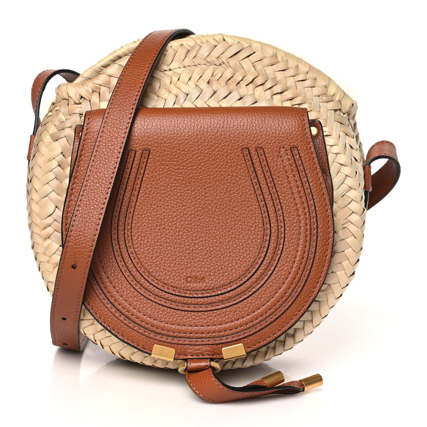 Raffia Small Grain Calfskin Small Marcie Basket Crossbody Tan