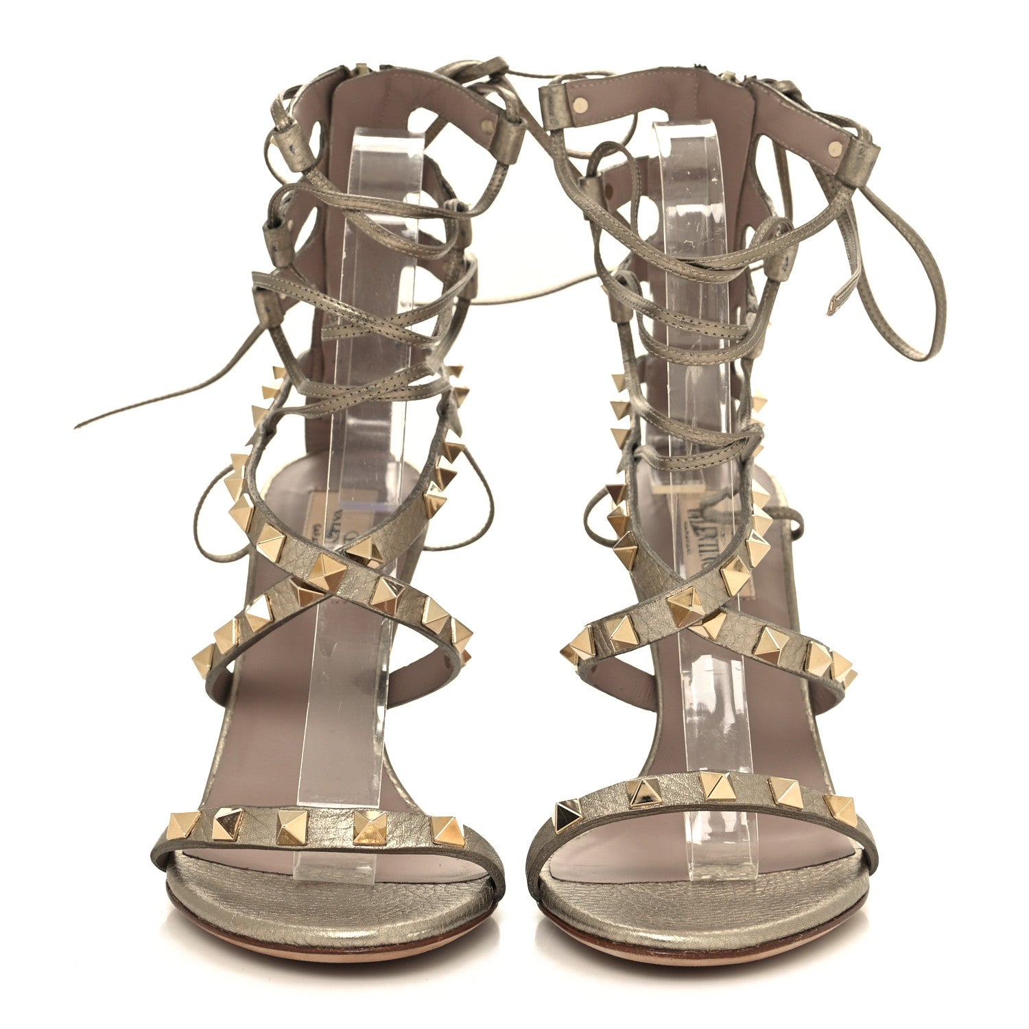 Valentino Garavani Metallic Pebbled Calfskin Rockstud Ankle Wrap Sandals 37 Skin Poudre 2 of 7