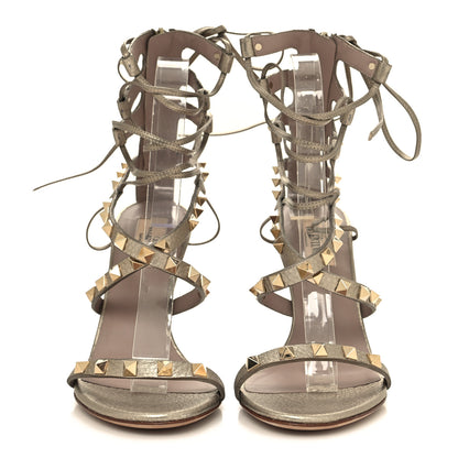 Valentino Garavani Metallic Pebbled Calfskin Rockstud Ankle Wrap Sandals 37 Skin Poudre 2 of 7