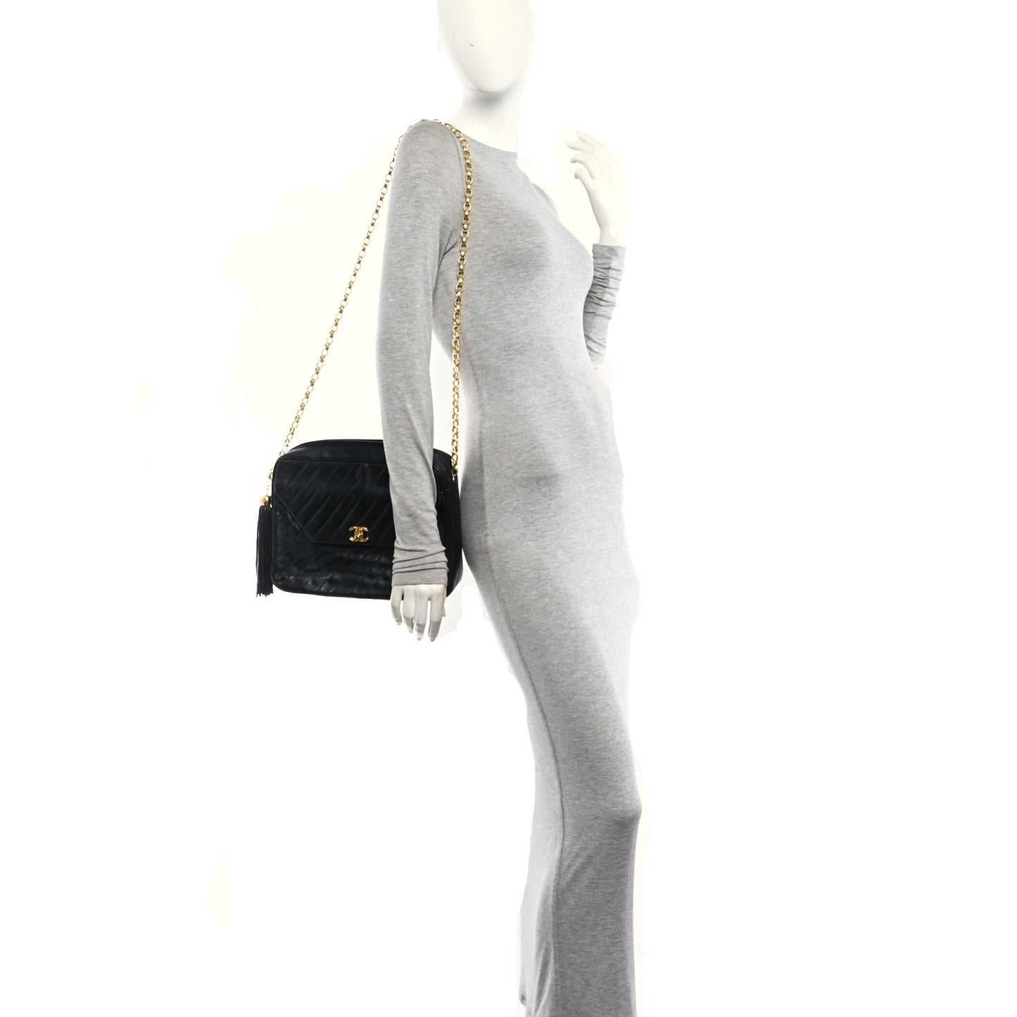 Lambskin Diagonal Quilted Tassel Camera Bag Black