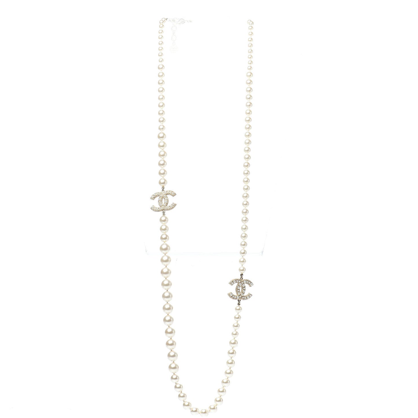 Crystal Pearl CC Long Necklace Gold