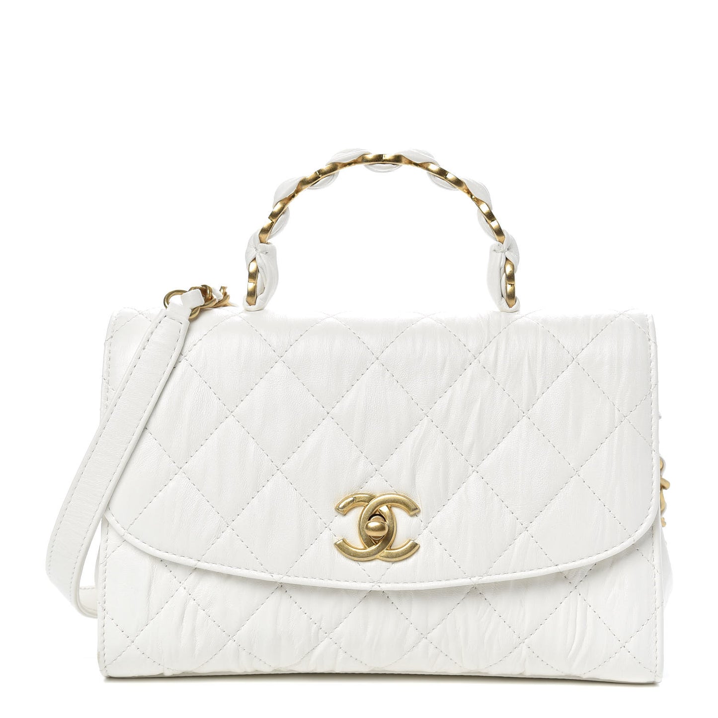 Crumpled Lambskin Quilted Small CC Links Top Handle Flap White