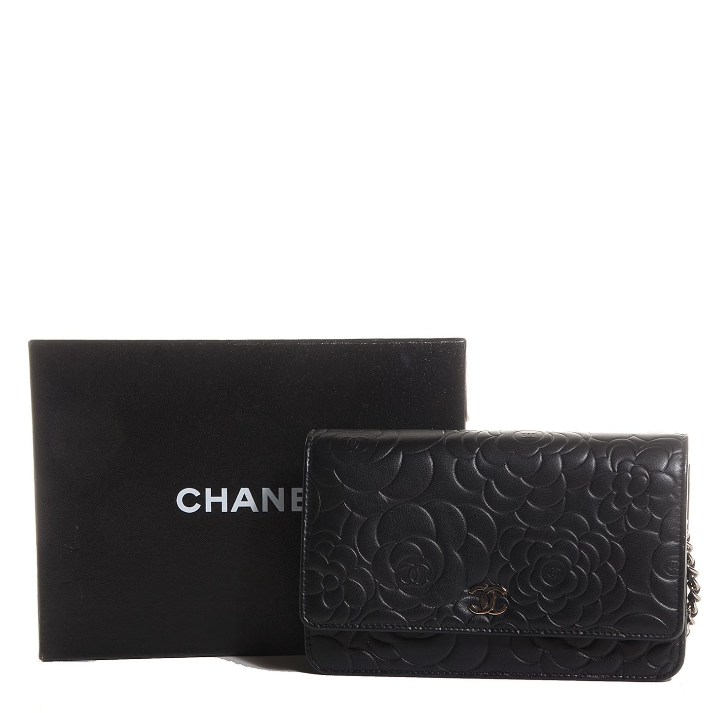 Lambskin Camellia Wallet on Chain WOC Black