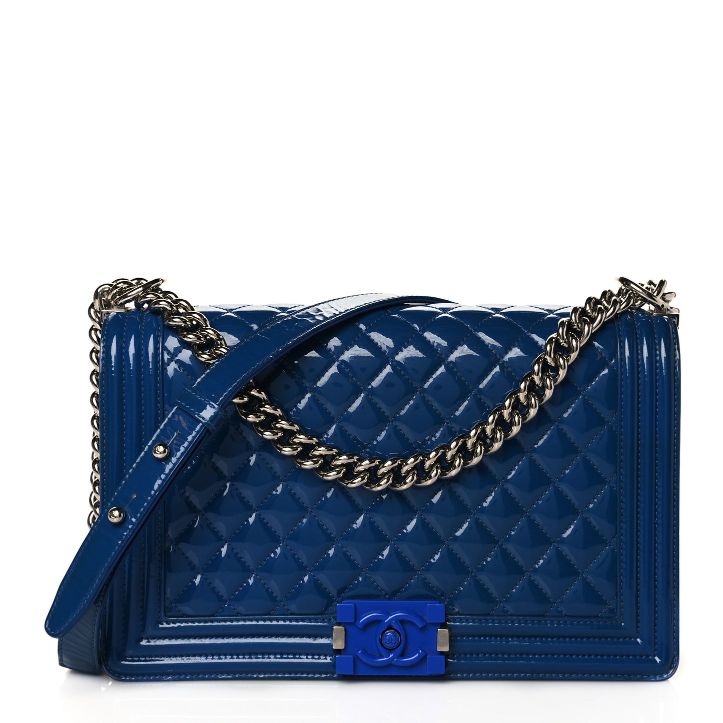 Patent Calfskin Quilted New Medium Plexiglass Boy Flap Blue