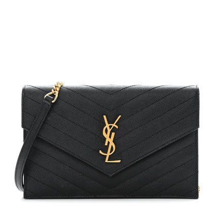 Saint Laurent Grain De Poudre Matelasse Chevron Monogram Envelope Chain Wallet Black 1 of 15