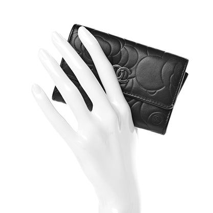 Chanel Lambskin Camellia Embossed Card Holder Wallet Black 2 of 8