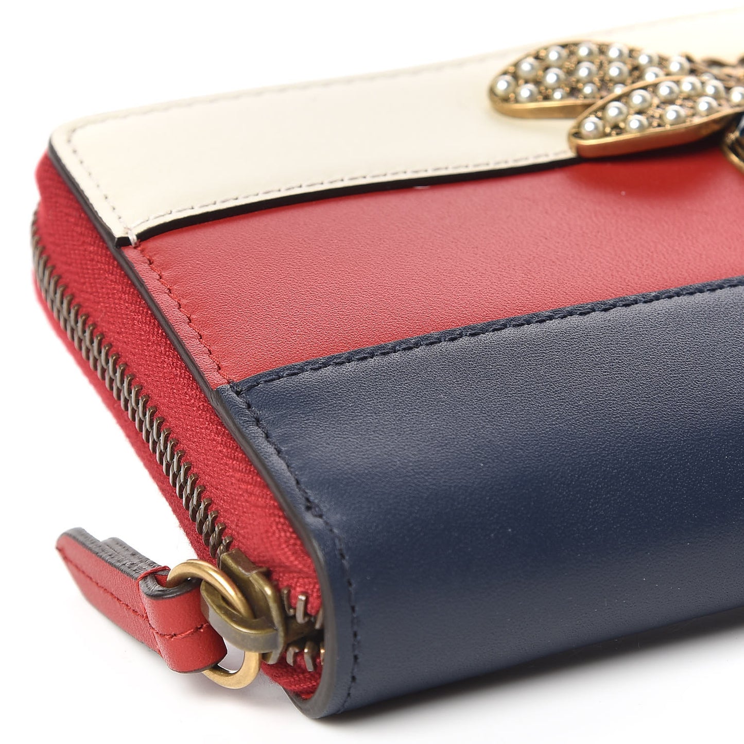 Calfskin Queen Margaret Zip Around Wallet Blue Agata Hibiscus Red Mystic White
