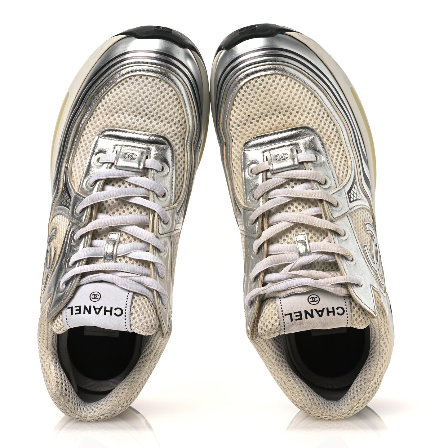 Fabric Laminated Calfskin Stretch CC Womens Sneakers 38.5 White Gold Silver