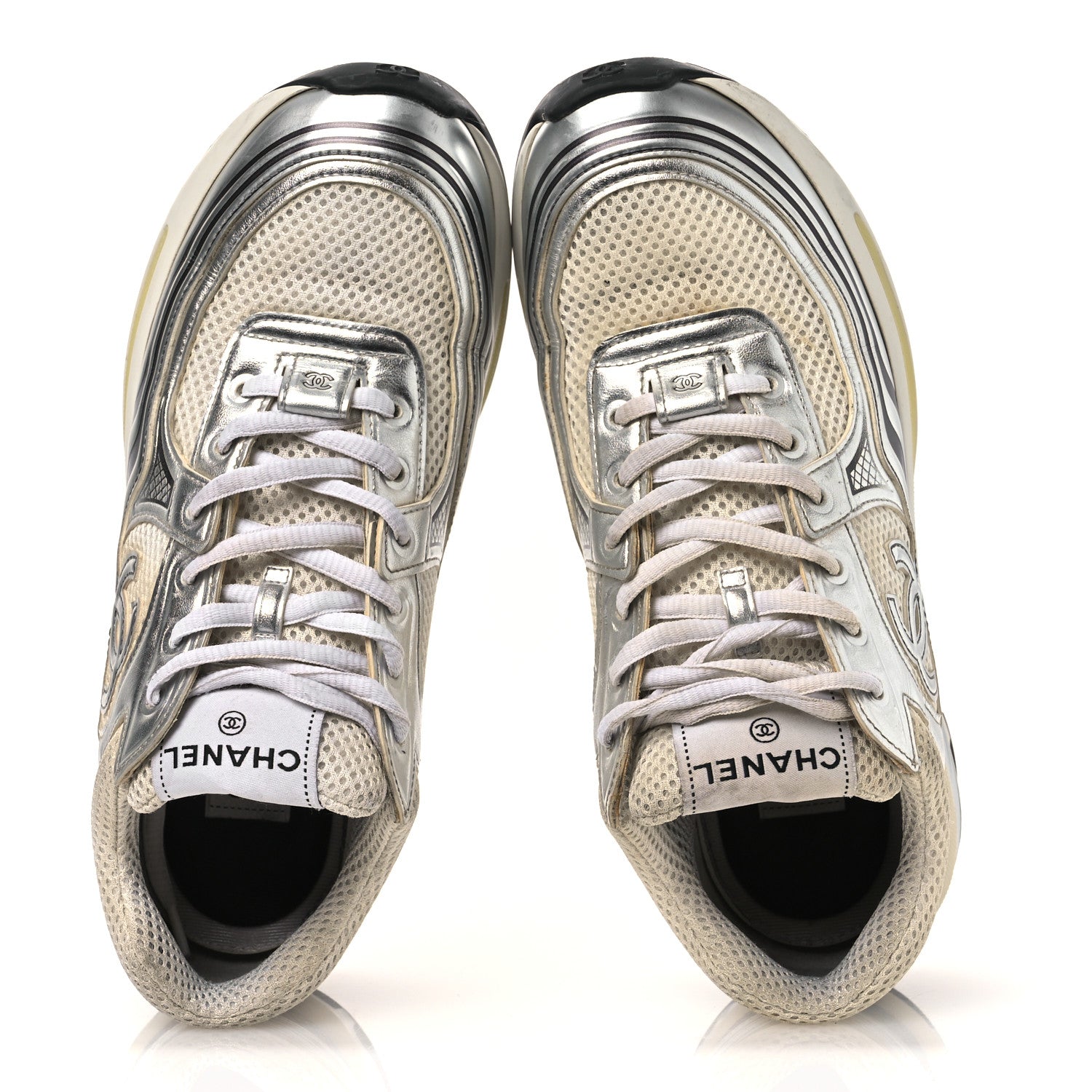 Chanel Fabric Laminated Calfskin Stretch CC Womens Sneakers 38.5 White Gold Silver 2 of 15