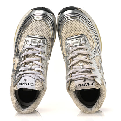 Chanel Fabric Laminated Calfskin Stretch CC Womens Sneakers 38.5 White Gold Silver 2 of 15
