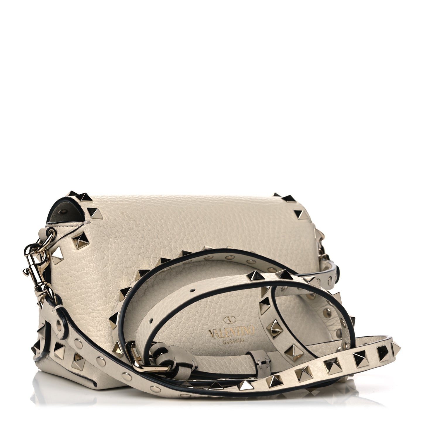 Pebbled Calfskin Mini Rockstud Crossbody Bag White