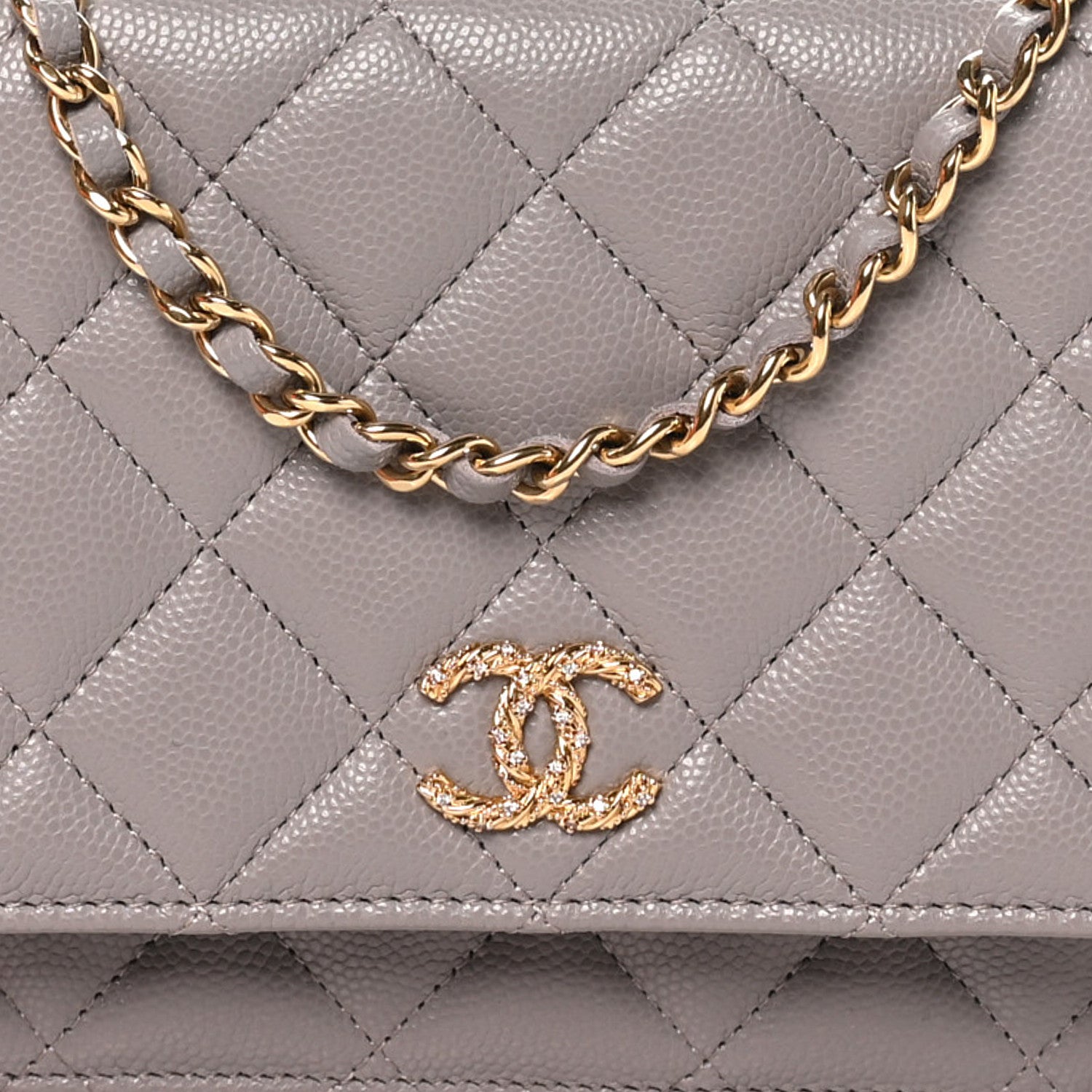 Chanel Grained Calfskin Quilted Strass CC Wallet On Chain WOC Dark Grey 8 of 11