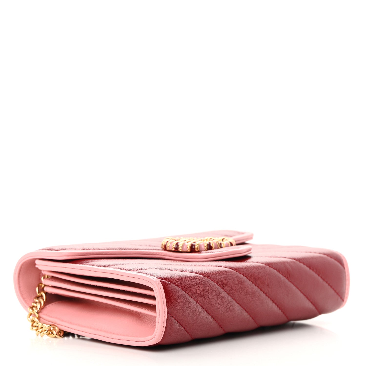 Gucci Azalea Calfskin Enamel Matelasse Diagonal Torchon GG Marmont Chain Wallet New Cherry Red Wild Rose 4 of 14