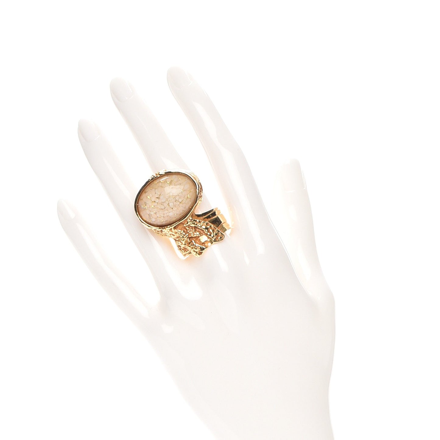 Glass Cabochon Arty Ovale Ring 8 Gold Beige Clair