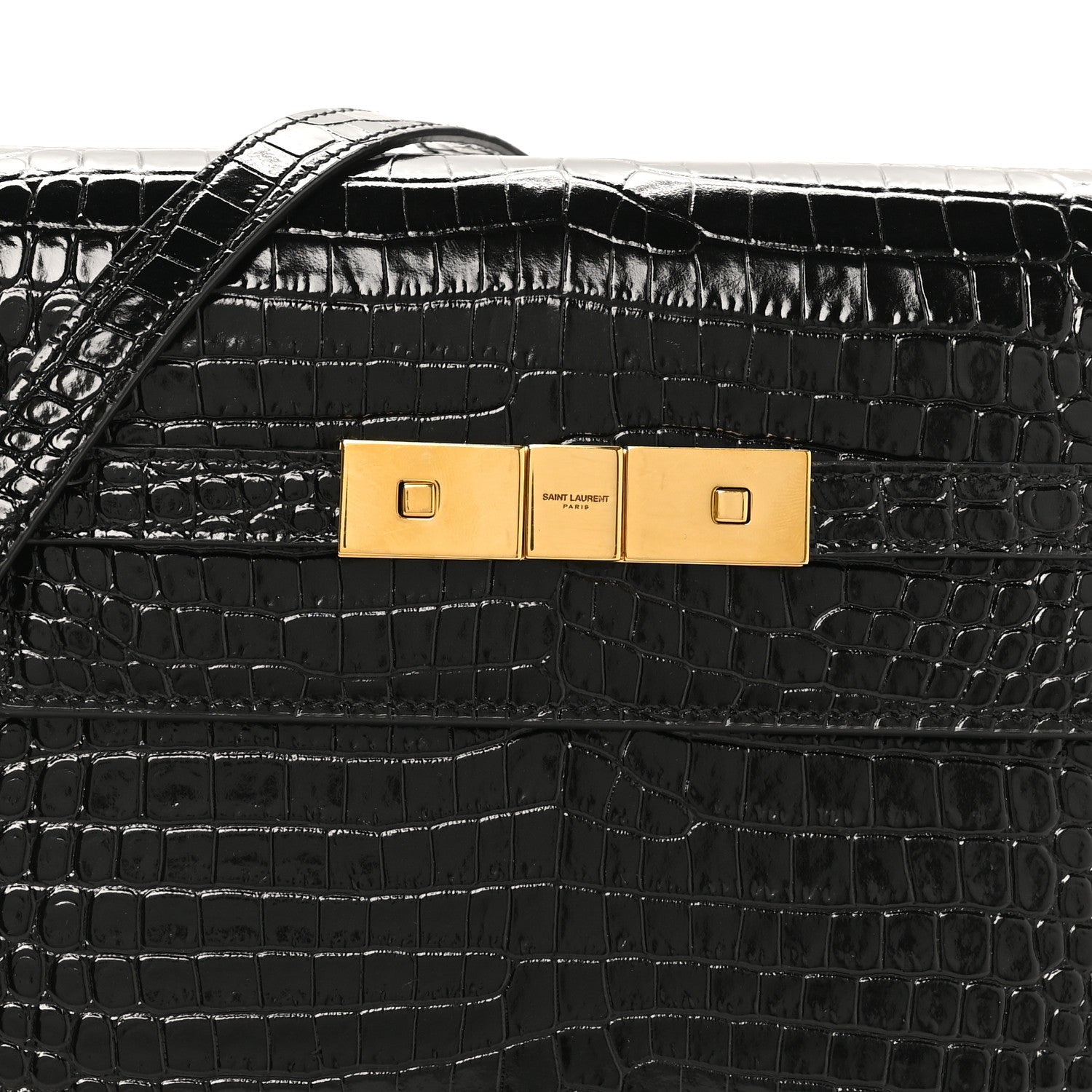 Saint Laurent Shiny Calfskin Crocodile Embossed Small Manhattan Baguette Black 7 of 9